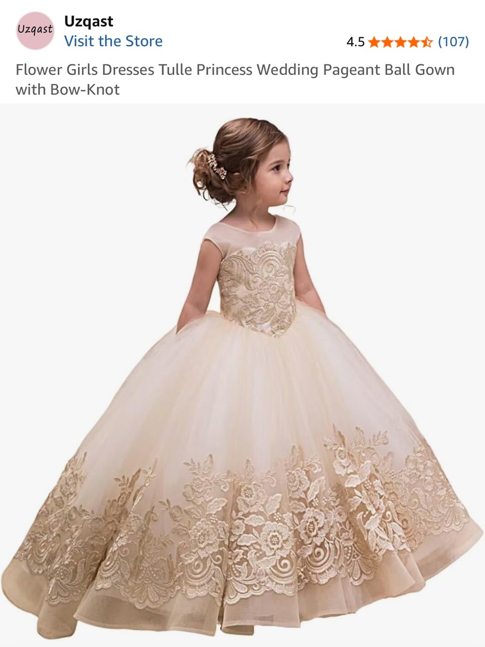 Amazon Gold Floral Tulle Princess Ball Gown for Girls